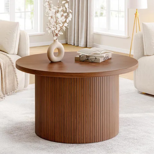 Miniatura 12 de ONBRILL Mesa de centro redonda de 31.5 pulgadas, mesas de centro con diseño de tambor para sala de estar, mesa de centro de madera moderna de Negro