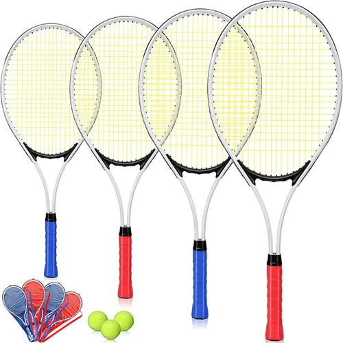 4 raquetas de tenis para adultos recreativas para 4 jugadores, raqueta de tenis ligera de 27 pulgadas con 3 pelotas de tenis para entrenar rojo y