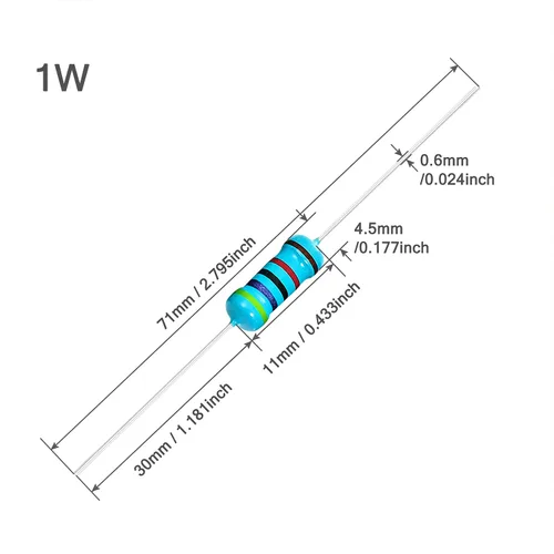 Miniatura 6 de Chanzon 50pcs 1W 0.1 Ohm Ohm 0r1 r1 Resistencia fija de película metálica 0.01 ±1% Tolerancia 0.1R MF Agujero pasante Resistencias limitantes