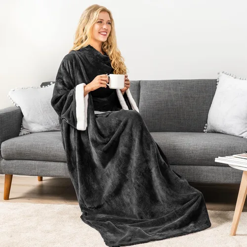 Miniatura 7 de PAVILIA Manta de forro polar con mangas para mujeres y hombres adultos, manta portátil cálida y suave, acogedora con bolsillo para abrazarse, manta