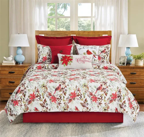 Miniatura 2 de C&F Home Averie - Juego de edredón reversible botánico con acebo y ramitas navideñas, diseño de cardenal y flor de pascua, tamaño matrimonial/queen