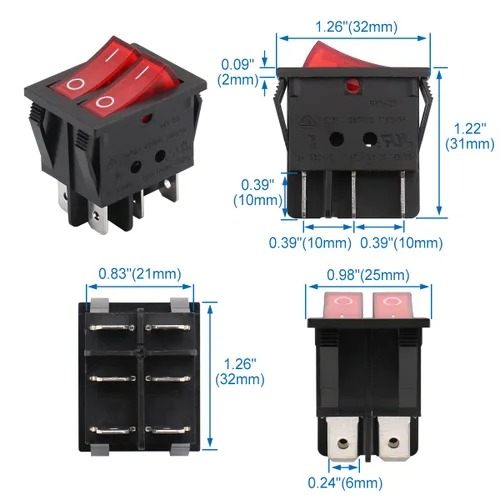 Miniatura 3 de Baomain - 1 paquete de interruptor basculante doble con luz roja, ON/Off DPDT de 6 pines, 16 A/250 V CA, 16 A/125 V CA, listado UR VDE
