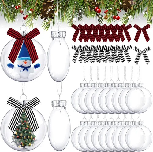 Miniatura 7 de Yookeer 64 discos de plástico para adornos navideños, bolas de plástico iridiscentes transparentes rellenables con tapa plateada y lazos a cuadros