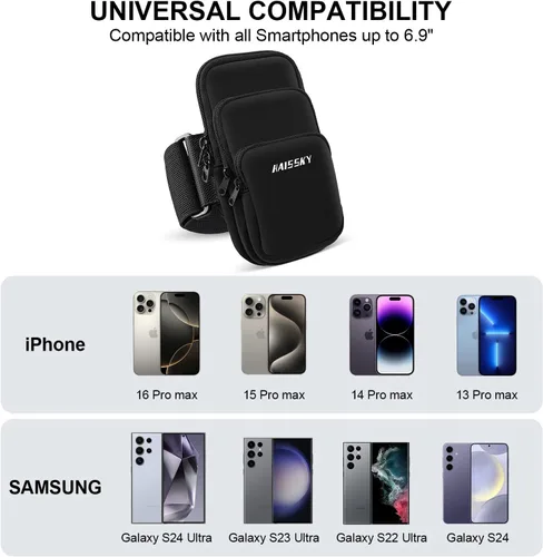Miniatura 2 de Brazalete porta teléfono de 3 bolsillos para correr para iPhone 16 15 14 Pro Max 13 Plus 12 11 XS XR X 8 7 Galaxy S23, bolsa para llaves y tarjetas