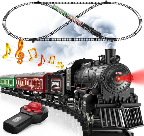 Hot Bee Juego de Tren, Juguetes de Tren con Control Remoto y Pista de Lujo y Vagoneta Iluminada, Tren de Navidad de Metal para Árbol de Navidad con