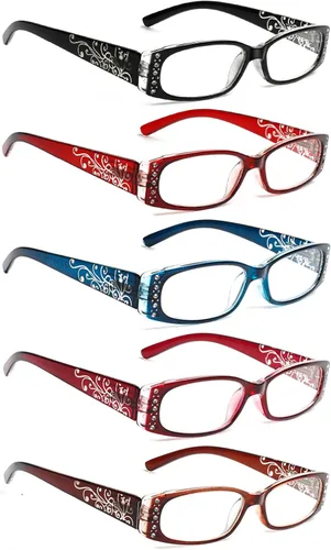 Paquete de 5 anteojos de lectura rectangulares con bisagra de resorte, a la moda, unisex (5 colores, 2.00, multiplicador_x)