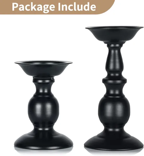 Miniatura 7 de Nuptio Portavelas negro para velas de pilar - Juego de 2 portavelas rústicos Soporte de velas de metal alto Portavelas de pilar retro de otoño
