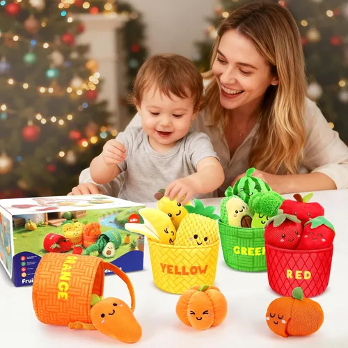 Miniatura 5 de TOHIBEE Juguetes Sensoriales para Bebés - 16 Piezas de Frutas y Verduras de Comida de Juego para Clasificar Colores con Sonajero, Crujido, Juguetes
