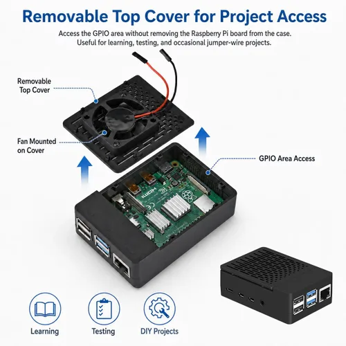 Miniatura 5 de iUniker Funda para Raspberry Pi 4, carcasa ABS Pi 4 con ventilador de refrigeración, disipador de calor Pi 4, cubierta superior extraíble simple