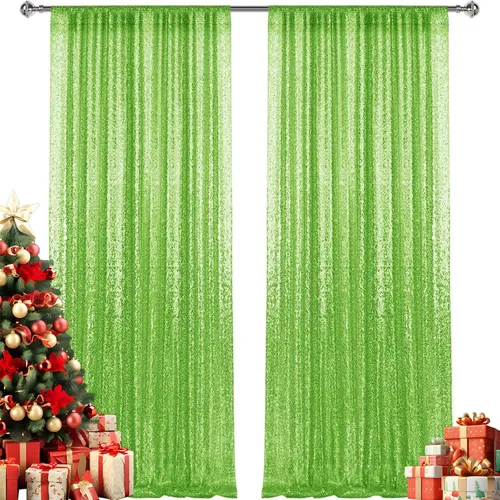 Miniatura 7 de 2 paneles de cortinas de fondo de lentejuelas verdes de 8 pies, cortinas de fondo de fotografía con purpurina para decoración de Navidad, boda