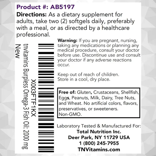 Miniatura 9 de tnvitamins Aceite de pescado omega-3 sin eructos: 2000 mg - 90 cápsulas blandas 1400 mg de ácidos grasos omega-3 totales (800 mg EPA y 600 mg DHA)
