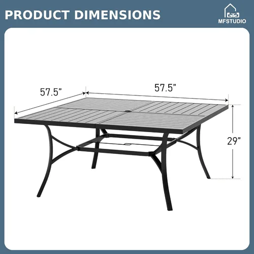 Miniatura 2 de MFSTUDIO Mesa de comedor al aire libre cuadrada de 60" de metal, mesa grande de patio con 8 plazas y agujero ajustable para sombrilla para terraza