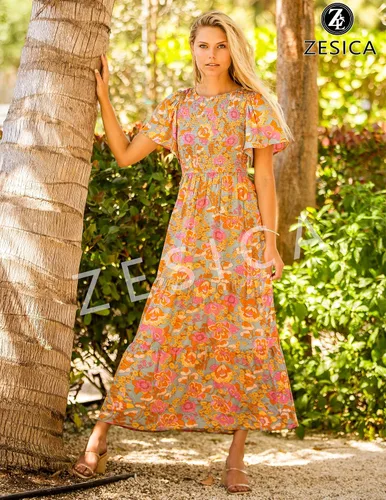 Miniatura 7 de ZESICA Women's 2023 Summer Casual Floral Print Short Flutter Sleeve Crew Neck Smocked High Waist Flowy Maxi Dress