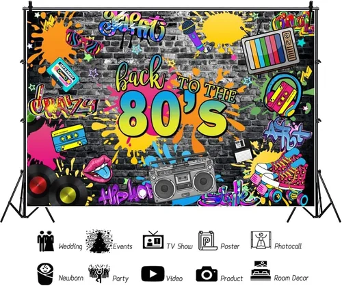 Miniatura 2 de Decoración de fiesta de los años 80 de 5 x 3 pies, telón de fondo retro de ladrillo gris de regreso a los 80, música, graduación, grafiti, piedra