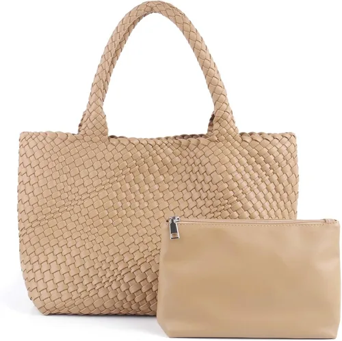 Vipost Bolsa de mano tejida para mujer, bolsa de playa grande de cuero vegano con bolso, bolso de viaje con asa superior, bolsas de hombro tejidas