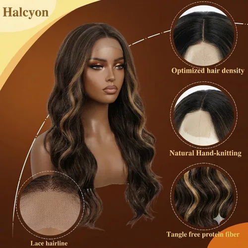 Miniatura 2 de Halcyon - Peluca sintética ondulada de 26 pulgadas, parte central natural, reflejos marrones 3-row hand-tied parting for realistic scalp