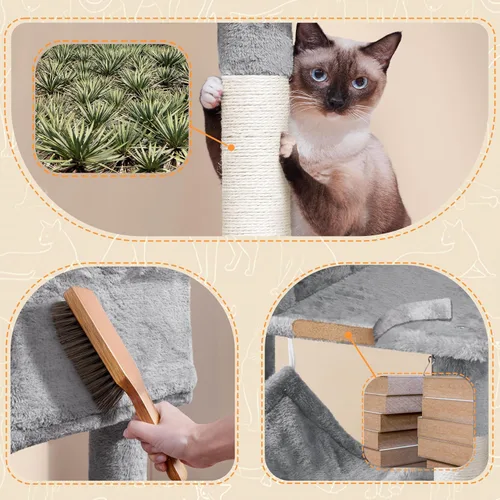 Miniatura 4 de Topeakmart Árbol para gatos de 64.5 pulgadas grande para condominio con postes rascadores, hamaca como centro de juegos para casa de gatitos