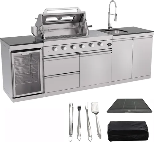 Miniatura 8 de Isla de cocina al aire libre de 153 pulgadas, combinación de parrilla de gas propano de 96000 BTU con refrigerador y fregadero, gabinete de cajón