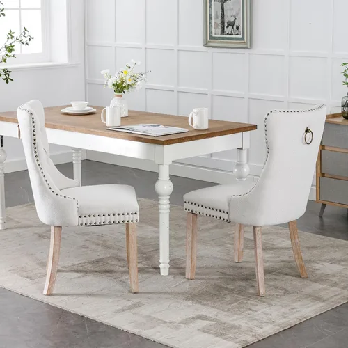 Miniatura 4 de Juego de 2 sillas de comedor modernas, sillas de comedor tapizadas acolchadas con patas de madera maciza, silla de cocina de tela de lino beige