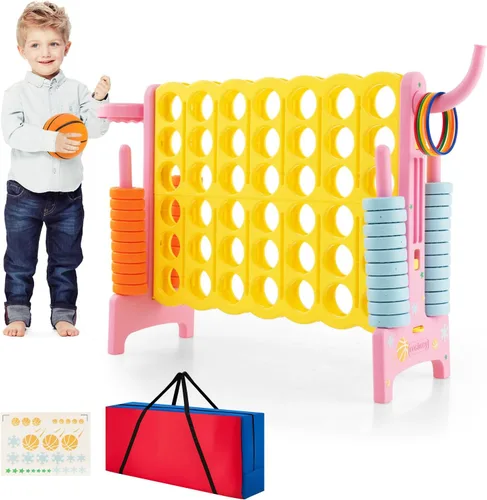 Miniatura 10 de COSTWAY Juego gigante gigante de 4 en puntuación con bolsa de transporte, juego de 2.5 pies para interiores y exteriores con aro de baloncesto