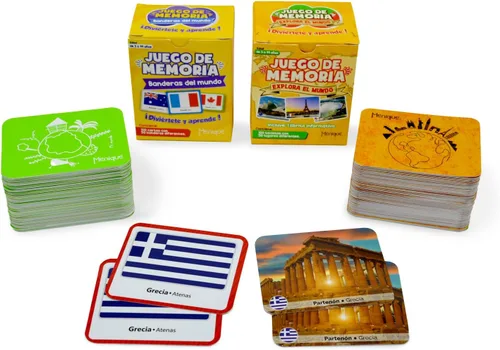 Miniatura 4 de Menique Paquete de juego de memoria español – Banderas del Mundo + Explora el Mundo – 200 cartas, 100 pares – Banderas, capitales y lugares icónicos