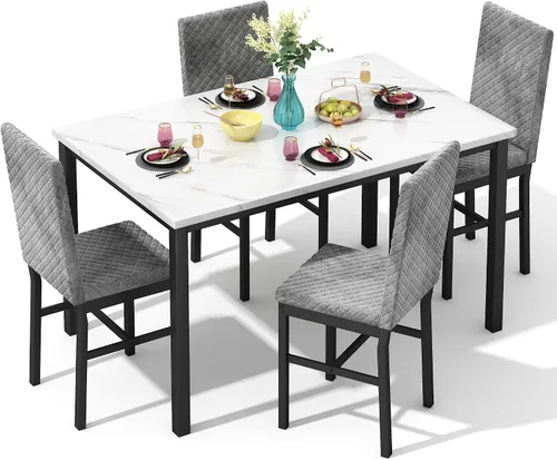 Miniatura 9 de Hooseng Juego de mesa de cocina de 5 piezas, juego de mesa de comedor de mármol, 4 sillas, juego de mesa de comedor para cocina, sala de estar, Negro