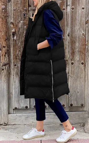 Miniatura 2 de LEANI Chaleco largo acolchado con cremallera completa para mujer, abrigo sin mangas con bolsillos