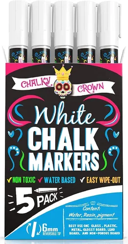 CHALKY CROWN Rotulador de tiza líquida, tiza de dibujo blanca, marcadores de pizarra para pizarra, ventanas, pizarra, vidrio, punta reversible de