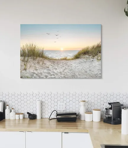 Miniatura 4 de Arte de Pared de Playa en Lienzo para Baño: Obra de Arte Impresa de Puesta de Sol Costera y Océano, Escena Marina Moderna, Imagen de Paisaje Marino