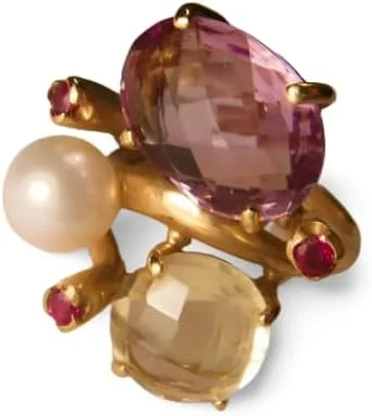 Miniatura 3 de Unbranded Magnificent 14K Yellow Gold Citrine Amethyst Pearl Ruby Three-Stone Ring