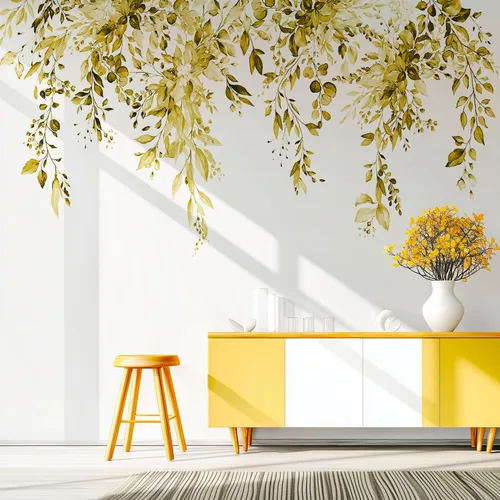 Calcomanías de pared amarillas de hojas y plantas, despegar y pegar, calcomanías de vinilo de flores grandes, vid extraíble, decoración del hogar,