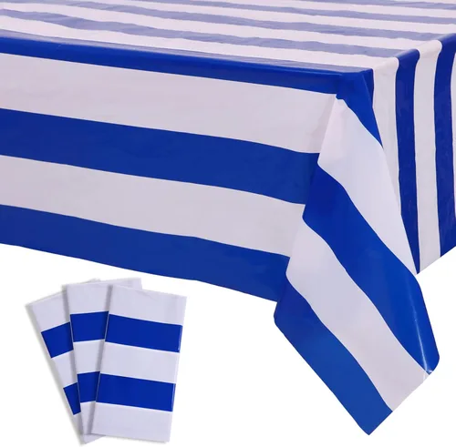 Miniatura 15 de Kesfey - Paquete de 3 manteles de plástico desechables, 54 x 108 pulgadas, diseño horizontal a rayas azul y blanco, náutico, impermeable, Rayas