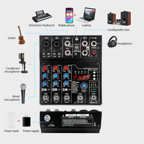Miniatura 3 de AD14 Mezclador de audio profesional Placa de sonido Interfaz Sistema de consola 4 canales USB digital Bluetooth MP3 Entrada de computadora 48V