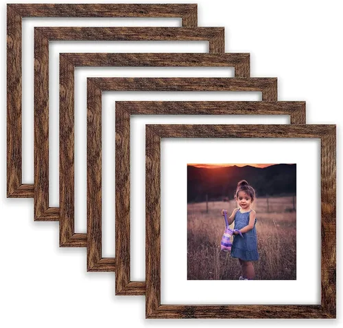 Juego de 6 portarretratos de madera marrón rústica de 8 x 8, para fotos de 5 x 5 con paspartú o de 8 x 8 pulgadas sin paspartú, marcos de fotos