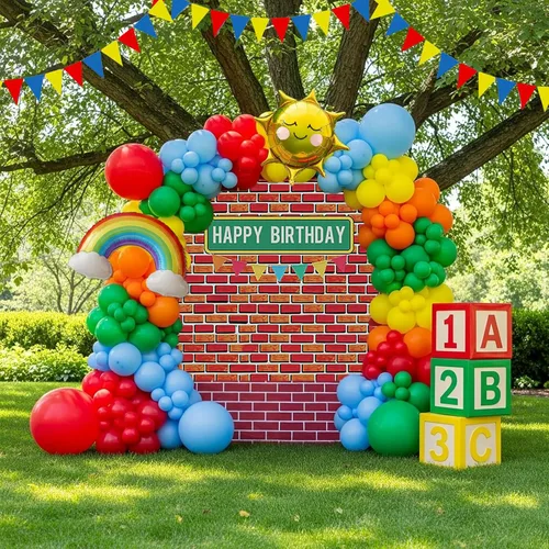 Miniatura 13 de Decoraciones de fiesta de cumpleaños con temática de circo e incluyen guirnalda de globos rojos, azules y amarillos y globos de papel de aluminio