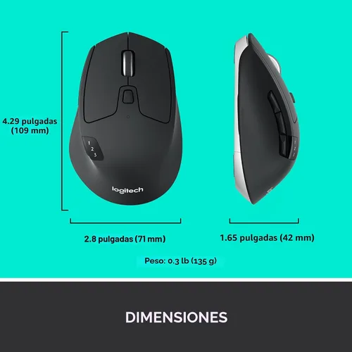 Miniatura 9 de Logitech M720 - Ratón inalámbrico de triatlón, Bluetooth, receptor unificador USB, 1000 DPI, 6 botones programables, batería de 2 años, compatible