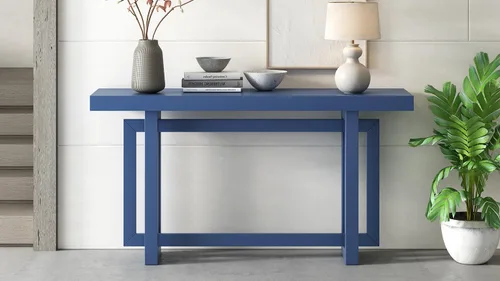 Miniatura 4 de Mesa consola contemporánea con parte superior de madera de hormigón de inspiración industrial, mesa de entrada extra larga con patas de madera