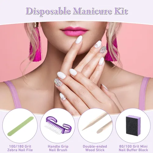 Miniatura 5 de Juego de 100 juegos de manicura profesional desechables, kit básico de 4 piezas, lima de uñas de madera, grano 100/180, mini amortiguador de grano