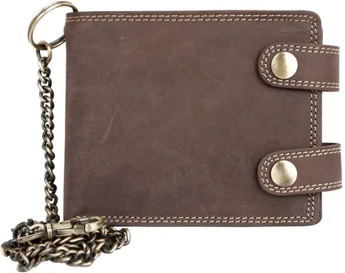 FLW Cartera de cuero genuino marrón para hombre con cadena de 20 pulgadas de largo para colgar, Marrón, Cartera grande