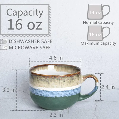 Miniatura 2 de Bosmarlin Juego de 2 tazas grandes de cerámica Jumbo Latte de 16 onzas, para café, sopa, capuchino, chocolate caliente, aptas para lavavajillas