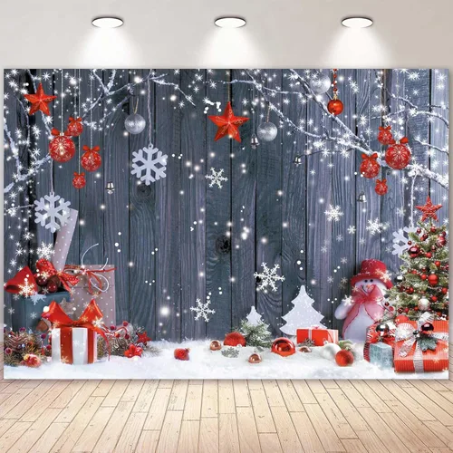 Miniatura 6 de Telón de Fondo Banner de Fotografía de Pared de Madera Navideña de 5 x 7 pies, Fondo de Vacaciones de Invierno con Copos de Nieve y Árbol