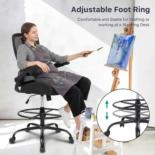 Miniatura 5 de HYLONE Silla de dibujo alta de oficina con reposabrazos abatibles y ajustables, silla ergonómica para computadora con reposapiés ajustable, anillo