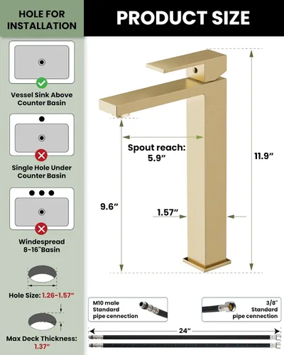 Miniatura 5 de gotonovo Grifo de Fregadero Vessel de Una Sola Manija, Grifo de Baño Alto de Un Agujero, Grifo Mezclador Moderno de Lavabo de Tocador, con Mangueras