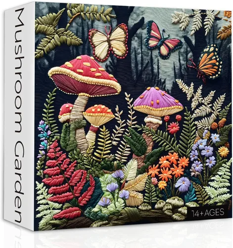 Miniatura 2 de Rompecabezas de jardín de hongos para adultos de 1000 piezas, rompecabezas de mariposa de hongos del bosque, rompecabezas de flores, naturaleza