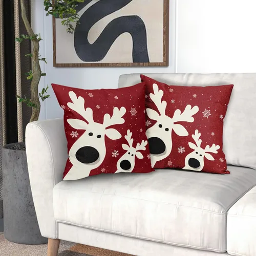 Miniatura 6 de Juego de 2 fundas de almohada de Navidad con ciervos de 18 x 18 pulgadas, diseño de reno rojo con copos de nieve y renos, para decoración del hogar