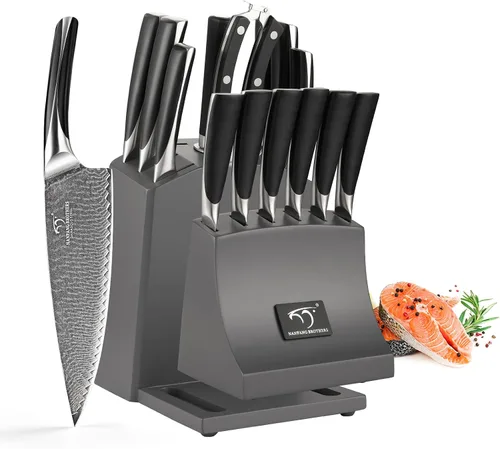Miniatura 7 de NF NANFANG BROTHERS Juego de Cuchillos de Cocina de Damasco, 15 Piezas con Bloque, Mango Ergonómico ABS, Tenedor de Trinchar, Juego de Bloque