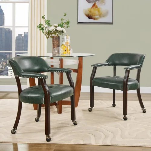 Miniatura 56 de Juego de 8 sillas de cuero de comedor con ruedas y brazos, silla de capitán Accent con ruedas, sillas de madera con ruedas enrollables para cocina