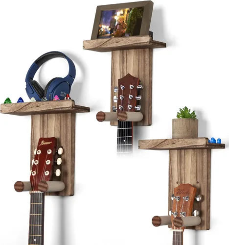Miniatura 13 de Keebofly 2 unidades de colgador de pared para guitarra con estante de madera y soporte para púa para guitarra acústica, eléctrica, ukelele, bajo