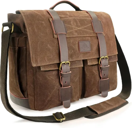 Miniatura 10 de Bolsa tipo mensajero para hombre, bolsa para laptop de 15.6 pulgadas, bolsa vintage de lona encerada, resistente al agua, maletín de cuero