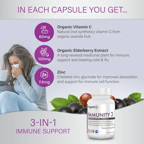 Miniatura 7 de Organixx Suplemento de apoyo inmunológico Immunity 3 – Vitamina C, zinc, saúco – Defensa inmunológica de alimentos integrales para adultos y niños